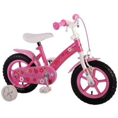 Bicicleta copii fete 12 inch Volare Flowerie cu roti ajutatoare si cosulet roz partial montata - SOLVOL61206