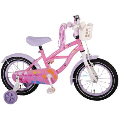 Bicicleta copii fete 14 inch Volare Bike Spring Time cu roti ajutatoare pompoane la ghidon si cosulet partial montata - SOLVOL51404