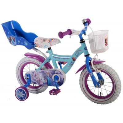 Bicicleta pentru fete 12 inch cu scaun pentru papusi roti ajutatoare si cosulet Frozen partial montata - SOLVOL51261
