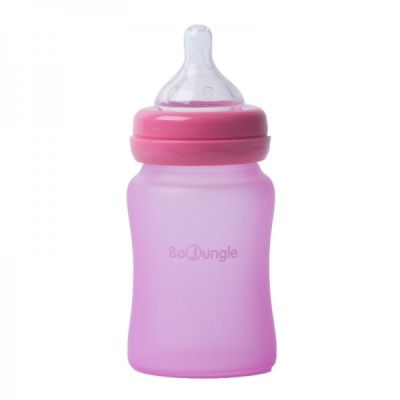 Biberon termo din sticla acoperita de silicon cu indicator de temperatura Bo Jungle 150 ml roz - SOLBJB595010