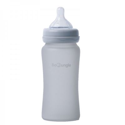 Biberon termo din sticla acoperita de silicon cu indicator de temperatura Bo Jungle 240 ml gri - SOLBJB595120