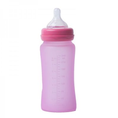 Biberon termo din sticla acoperita de silicon cu indicator de temperatura Bo Jungle 240 ml roz - SOLBJB595110