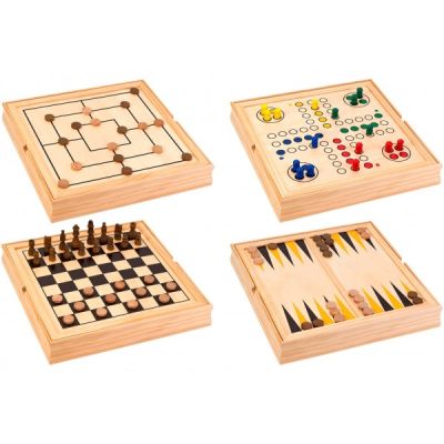 Set 5 in 1 jocuri de societate in cutie lemn Globo 37804 Sah Table Dame - SOLGL37804