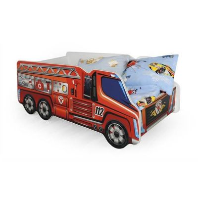 Pat pentru copii masina de pompieri hm fire truck, pal melaminat, cu saltea inclusa, 140x70 cm, rosu drm3641