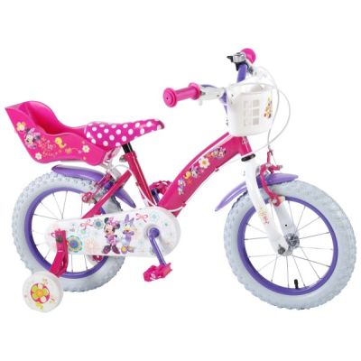 Bicicleta Volare pentru fete 14 inch cu scaun pentru papusi roti ajutatoare cosulet si doua frane de mana Minnie Mouse partial montata - SOLVOL31426-CH-IT
