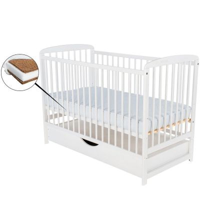 BabyNeeds - Patut din lemn Ola 120x60 cm, cu sertar, Alb + Saltea 8 cm BYNBOOLA8CM02AL