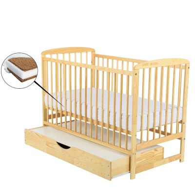 BabyNeeds - Patut din lemn Ola 120x60 cm, cu sertar, Natur + Saltea 10 cm BYNBOOLA10CM02NT