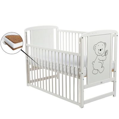 BabyNeeds - Patut din lemn Timmi 120x60 cm, cu laterala culisanta, Alb + Saltea 8 cm BYNBOTIM8CM03AL