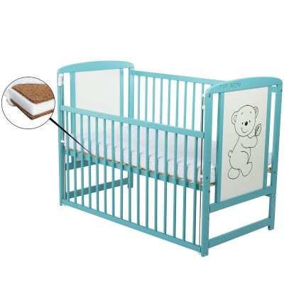 BabyNeeds - Patut din lemn Timmi 120x60 cm, cu laterala culisanta, Mint + Saltea 10 cm BYNBOTIM10CM03MIN