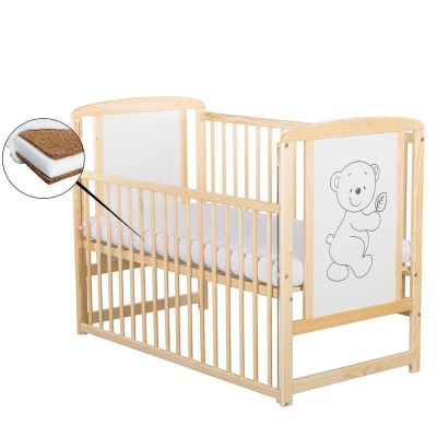 BabyNeeds - Patut din lemn Timmi 120x60 cm, cu laterala culisanta, Natur + Saltea 8 cm BYNBOTIM8CM03NT