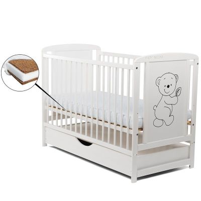 BabyNeeds - Patut din lemn Timmi 120x60 cm, cu sertar, Alb + Saltea 8 cm BYNBOTIM8CM02AL