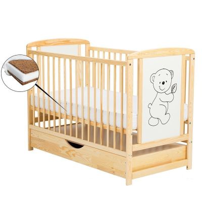 BabyNeeds - Patut din lemn Timmi 120x60 cm, cu sertar, Natur + Saltea 8 cm BYNBOTIM8CM02NT