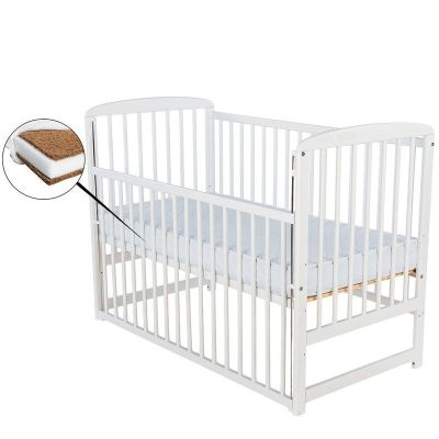 BabyNeeds - Patut din lemn Ola 120x60 cm, cu laterala culisanta, Alb + Saltea 12 cm BYNBOOLA12CM03AL
