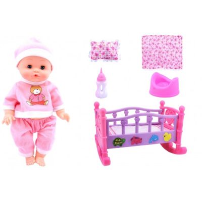 Papusa fetita 33 cm cu pijama roz sau bleu interactiva Globo Bimbo 39484 patut balansoar cu asternuturi si biberon cu olita - SOLGL39484