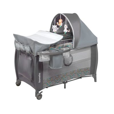 Lionelo - Patut pliant cu doua nivele Sven Plus, 120x60 cm, arcada jucarii, masuta de infasat, vibratii, melodii, Grey Scandi BYNLO-Sven Plus_Grey_Scandi
