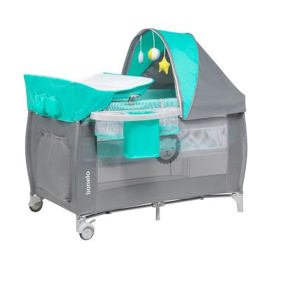Lionelo - Patut pliant cu doua nivele Sven Plus, 120x60 cm, arcada jucarii, masuta de infasat, vibratii, melodii, Turcoaz/Gri BYNLO-SvenPlus_Tq/Grey