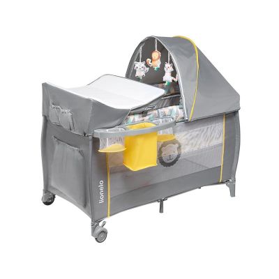 Lionelo - Patut pliant cu doua nivele Sven Plus, 120x60 cm, arcada jucarii, masuta de infasat, vibratii, melodii, Yellow Scandi BYNLO-Sven Plus_Yellow_Scandi