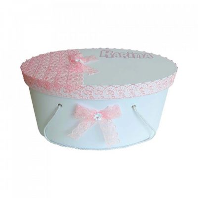 Cutie trusou botez personalizata pentru fetita cu decor dantela roz Denikos® 217 NKO1772