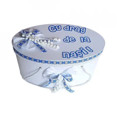 Cutie trusou  botez personalizata cu mesaj Denikos® 227 cu decor traditional albastru baietel NKO1783