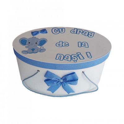 Cutie trusou botez personalizata cu decor carouri si elefantel pentru Baietel Denikos® 223 NKO1779