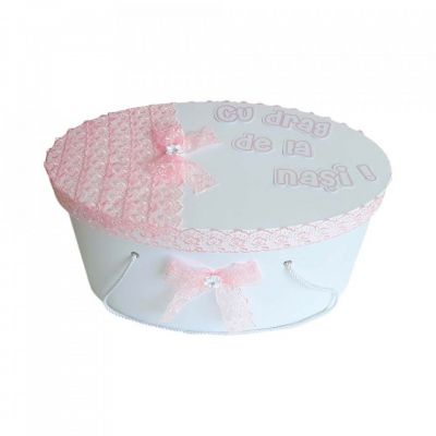 Cutie trusou botez personalizata cu dantela roz pentru Fete Denikos® 216 NKO1771