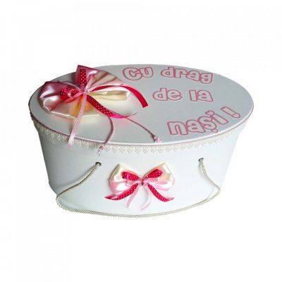 Cutie trusou botez personalizata cu decor fundite si fluturasi roz Fetite Denikos® 220 NKO1776