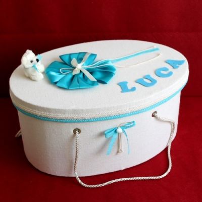 Cutie trusou decorata cu fundite si dantela turcoaz pentru baietel NKTR007-C NKO1346