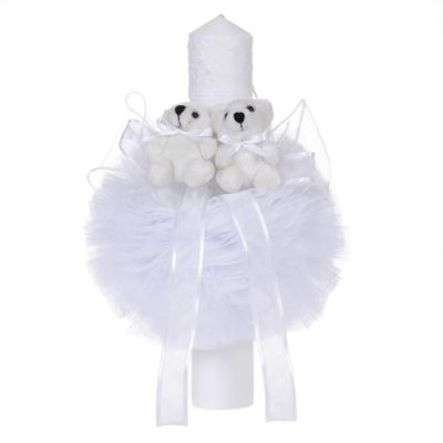 Lumanare botez cu 2 ursuleti Unisex decor alb diafan Denikos® 47 NKO1561