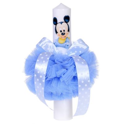 Lumanare botez baby boy tul bleu si fundita cu buline pentru baiat Denikos® 73 NKO1587