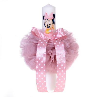 Lumanare botez baby girl glob tul roz pudra Fetita si fundita cu buline Denikos® 83 NKO1597