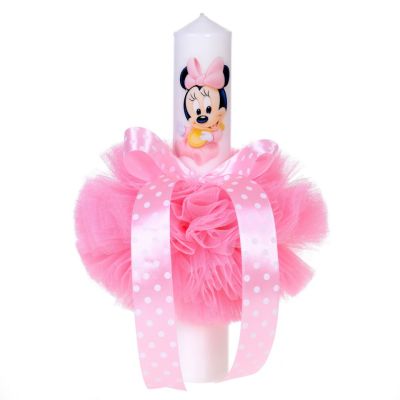 Lumanare botez baby girl cu glob tul roz si fundita cu buline pentru fetita Denikos® 84 NKO1598