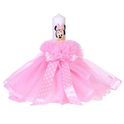 Lumanare botez baby girl cu rochita light pink pentru fete si fundita cu buline Denikos® 82 NKO1596