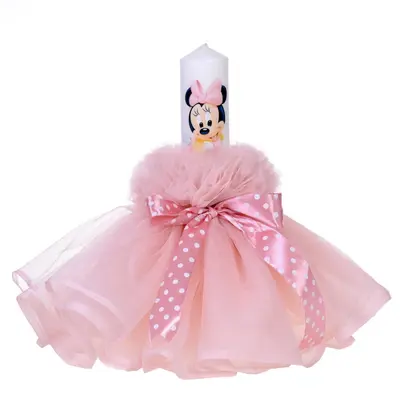 Lumanare botez baby girl rochita roz pudra si fundita cu buline Fete Denikos® 81 NKO1595