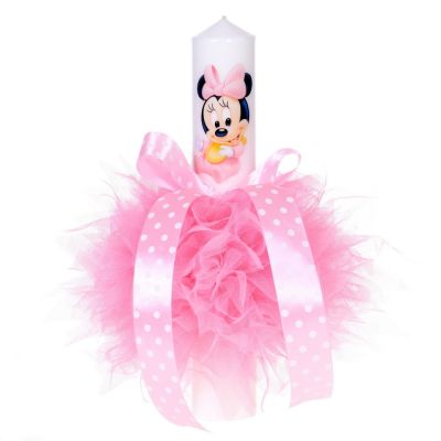 Lumanare de botez baby girl cu tul "ciufulit" roz si fundita cu buline Fata Denikos® 85 NKO1599