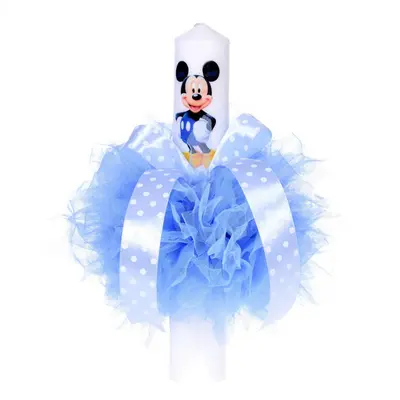 Lumanare botez cu tul bleu "ciufulit" si fundita cu buline Baietel Denikos® 75 NKO1589