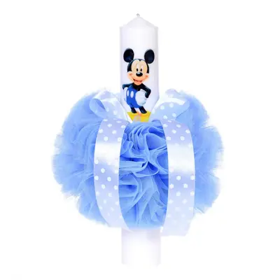 Lumanare botez baietel cu decor tul bleu glob si fundita cu buline Denikos® 74 NKO1588