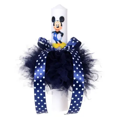 Lumanare pentru botez cu tul bleumarin "ciufulit" si fundita cu buline Baieti  Denikos® 76 NKO1590