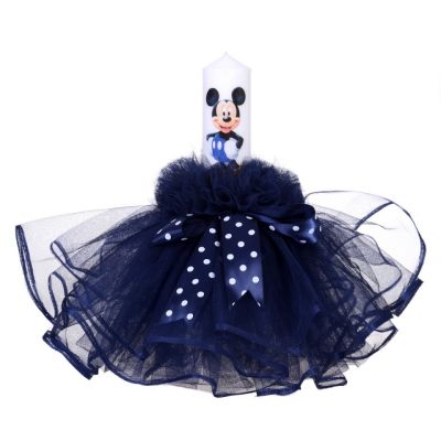 Lumanare botez baietel decor cu tul bleumarin si fundite cu buline Denikos® 69 NKO1583