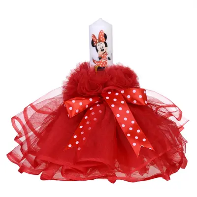 Lumanare de botez cu rochita rosie si fundita cu buline Fetite Denikos® 79 NKO1593