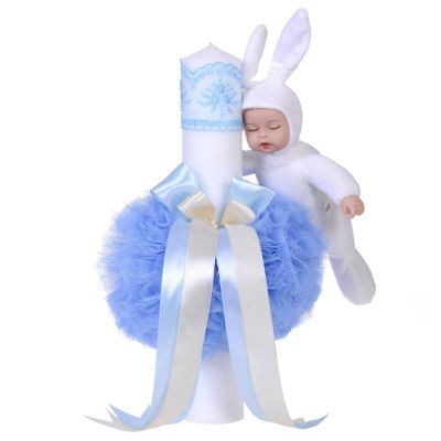 Lumanare de botez cu jucarie iepuras decor bleu Baietel Denikos® 60 NKO1574