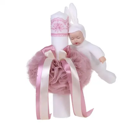 Lumanare botez cu jucarie iepuras decor roz pudra pentru fete Denikos® 63 NKO1577