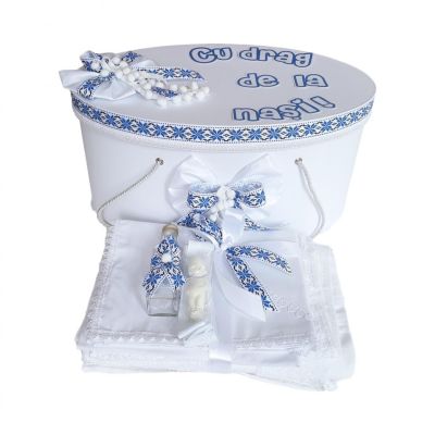 Trusou de botez Baieti si cutie trusou personalizata cu decor traditional albastru Denikos® 228 NKO1784