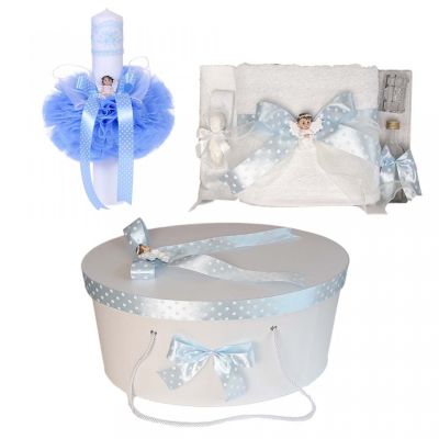 Pachet trusou botez cu lumanare si cutie trusou decorate cu Ingeras si fundita bleu Baietel Denikos® 12 - NKO1649