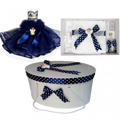 Trusou de botez complet Baiat cu lumanare plus cutie trusou Denikos® 97 cu ingeras si fundita bleumarin NKO1651