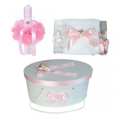 Pachet trusou botez Fetite cu cutie trusou si lumanare Denikos® 14 si Ingeras fundita roz  NKO1648