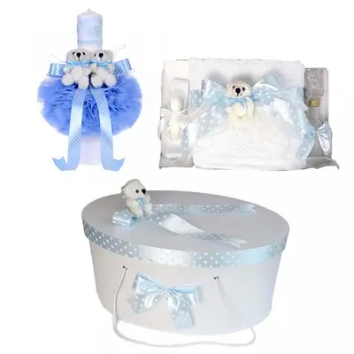 Pachet cutie trusou cu lumanare botez si trusou botez cu ursulet si fundita bleu Baieti Denikos&reg; 16 NKO1646