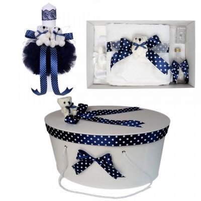 Set trusou botez Baieti cu cutie trusou si lumanare cu ursulet si fundita bleumarin Denikos® 17 - NKO1629