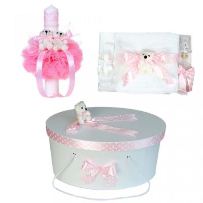 Set trusou de botez si cutie trusou Denikos® 15 cu lumanare ursuleti si fundita roz NKO1647
