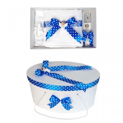 Pacchet trusou botez si cutie trusou Baieti Denikos® 20 cu Ingeras si fundita albastra cu buline - NKO1644