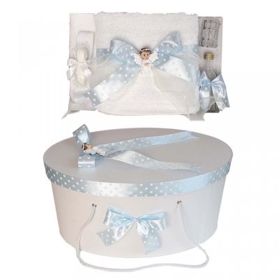 Pachet trusou de botez si cutie trusou cu fundita bleu cu buline si ingeras Denikos® 19 pentru Baietel - NKO1650